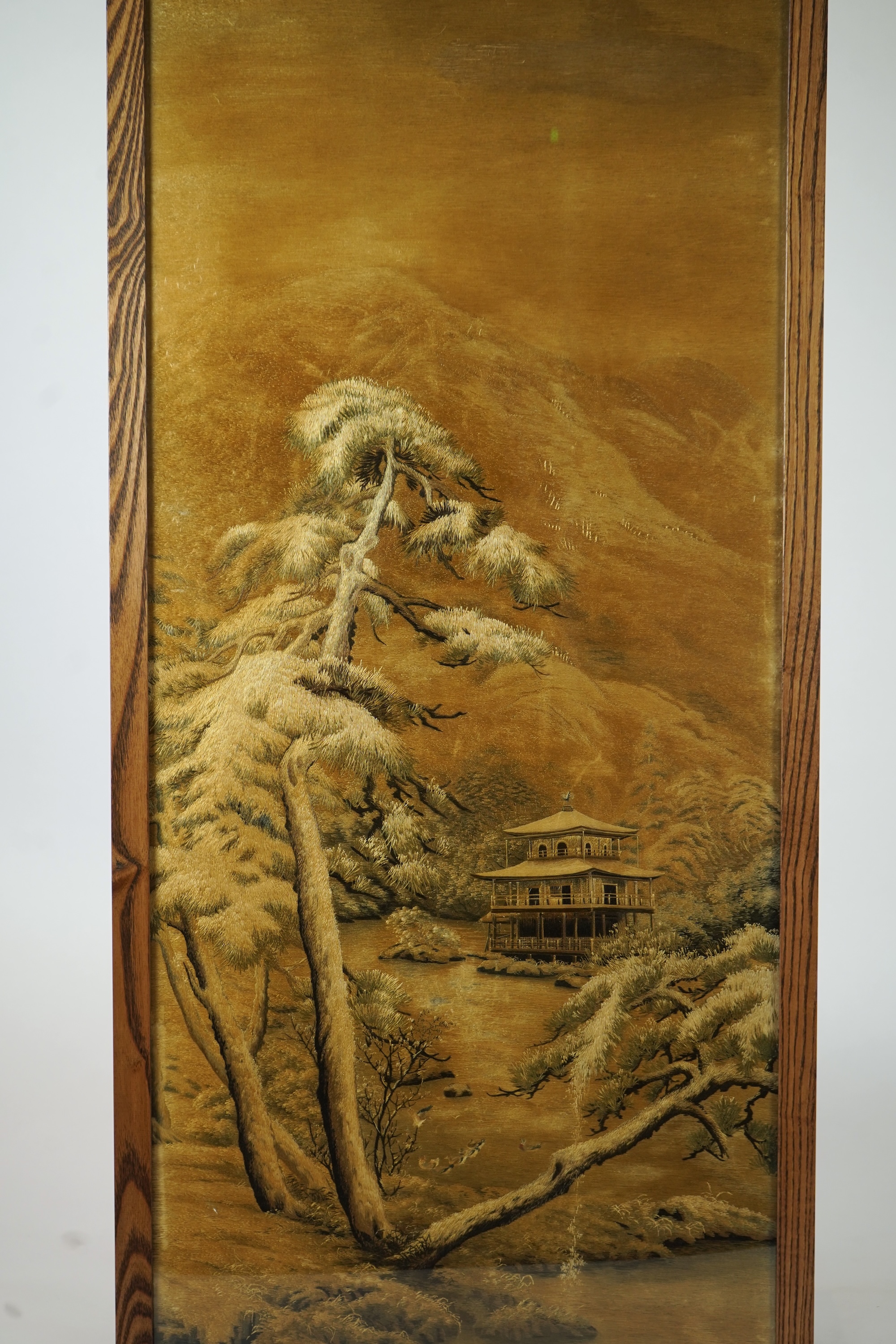 A Japanese embroidered silk picture of Kinkaku-ji, 'Temple of the Golden Pavilion' in Kyoto, Meiji period (1868-1912)